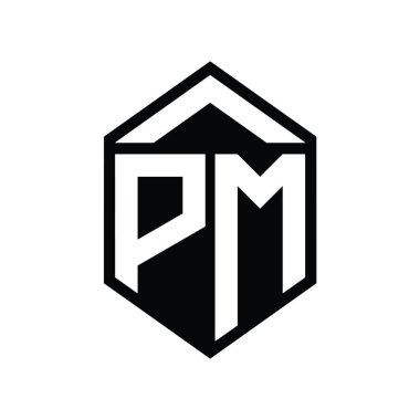 PM Letter Logo monogramı basit altıgen kalkan şekli izole biçim tasarım şablonu