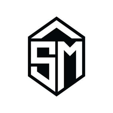 SM Harfi Logo monogramı basit altıgen kalkan şekli izole edilmiş biçim tasarım şablonu