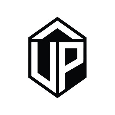 UP Harfi Logo monogramı basit altıgen kalkan şekli izole biçim tasarım şablonu
