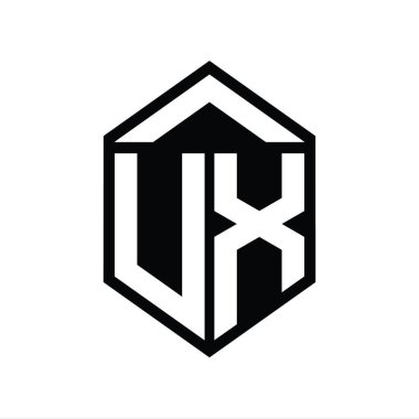 UX Harfi Logo monogramı basit altıgen kalkan şekli izole edilmiş biçim tasarım şablonu