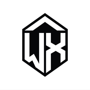 WX Harfi Logo monogramı basit altıgen kalkan şekli izole edilmiş biçim tasarım şablonu