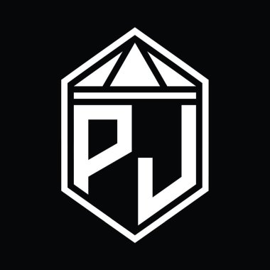 PJ Harf Logosu basit altıgen kalkan şekli ile izole edilmiş biçim şablonu