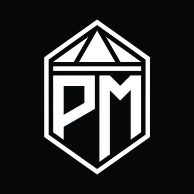 PM Letter Logo monogramı, üçgen izole edilmiş biçim şablonu ile basit altıgen kalkan şekli