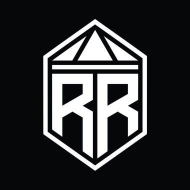 RR Letter Logo monogramı üçgen izole edilmiş stil şablonu ile basit altıgen kalkan şekli