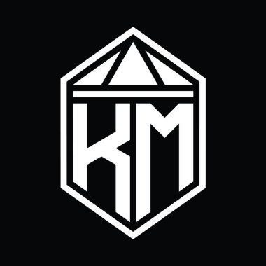 KM Harfi Logo monogramı, üçgen izole edilmiş biçim şablonu ile basit altıgen kalkan şekli