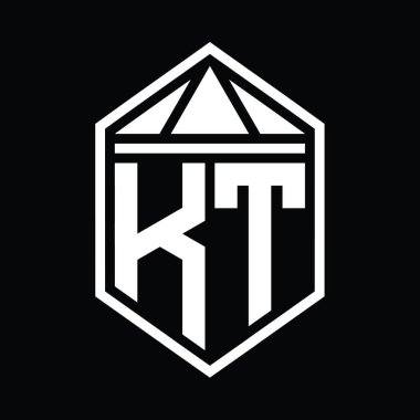 KT Letter Logo monogramı üçgen izole edilmiş biçim şablonu ile basit altıgen kalkan şekli