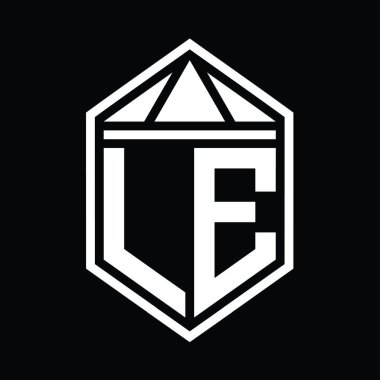 LE Harfi Logosu monogramı üçgen izole edilmiş biçim şablonu ile basit altıgen kalkan şekli