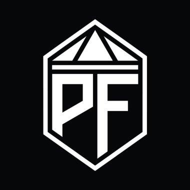 PF Harf Logosu basit altıgen kalkan şekli ve üçgen izole edilmiş stil tasarım şablonu