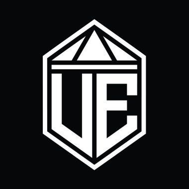UE Letter Logo monogramı üçgen izole edilmiş stil şablonu ile basit altıgen kalkan şekli