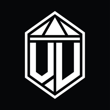 VU Letter Logo monogramı üçgen izole edilmiş stil şablonu ile basit altıgen kalkan şekli