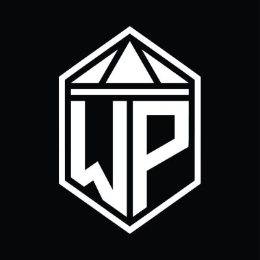 WP Harf Logosu basit altıgen kalkan şekli ve üçgen izole edilmiş stil tasarım şablonu