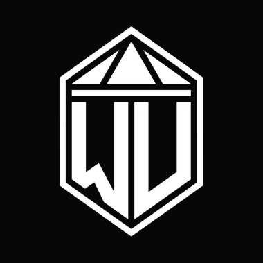 WU Letter Logo monogramı üçgen izole edilmiş biçim şablonu ile basit altıgen kalkan şekli