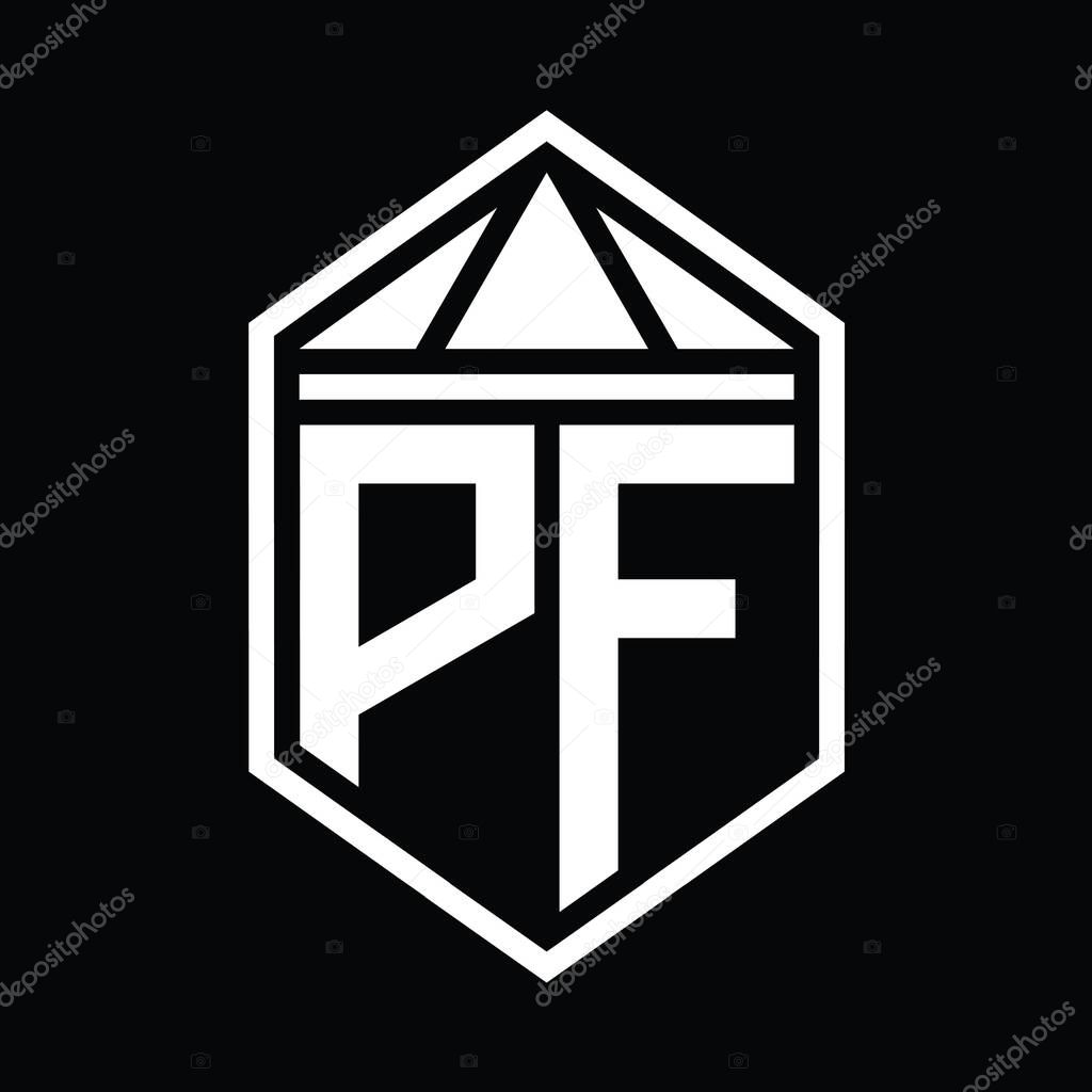 PF Letter Logo monogram simple hexagon shield shape with triangle crown isolated style design template