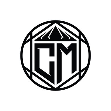 CM Harf Logosu monogram altıgen dilimlenmiş taç diyez kalkan şekli soyut çember tasarım şablonu