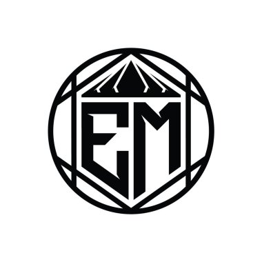 EM Harf Logosu monogram altıgen dilimlenmiş taç diyez kalkan şekli soyut çember tasarım şablonu