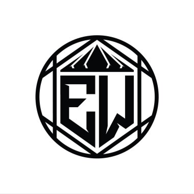 EW Harf Logosu monogram altıgen dilimlenmiş taç diyez kalkan şekli soyut çember tasarım şablonu
