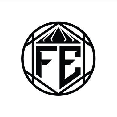 FE Harfi Logosu monogram altıgen dilimlenmiş taç diyez kalkan şekli izole edilmiş çember biçimi soyut biçim tasarım şablonu