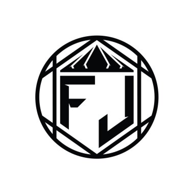 FJ Harf Logosu monogram altıgen dilimlenmiş taç diyez kalkan şekli soyut çember tasarım şablonu