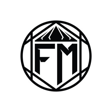 FM Harfi Logosu monogram altıgen dilimi, taç diyez kalkan şekli soyut çember tasarım şablonu