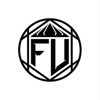 FU Letter Logosu monogram altıgen dilimlenmiş taç diyez kalkan şekli soyut çember tasarım şablonu
