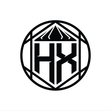 HX Harf Logosu monogram altıgen dilimlenmiş taç diyez kalkan şekli izole edilmiş çember biçimi soyut biçim tasarım şablonu