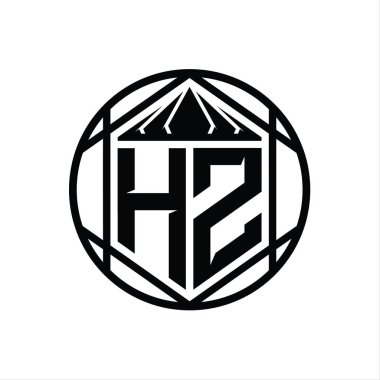 HZ Harf Logosu monogram altıgen dilimlenmiş taç diyez kalkan şekli soyut çember tasarım şablonu