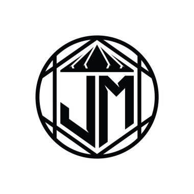 JM Harf Logosu monogram altıgen dilimlenmiş taç diyez kalkan şekli soyut çember tasarım şablonu
