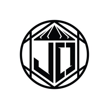 JO Harfi Logosu monogram altıgen dilimi, taç diyez kalkan şekli soyut çember tasarım şablonu