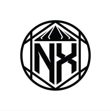 NX Harf Logosu monogram altıgen dilimlenmiş taç diyez kalkan şekli izole edilmiş çember biçimi soyut biçim tasarım şablonu