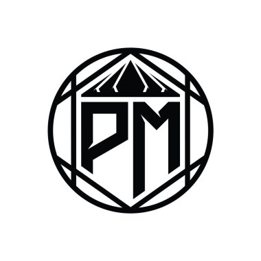 PM Harfi Logosu monogram altıgen dilim başlık kalkanı şekli izole edilmiş çember biçimi soyut biçim tasarım şablonu