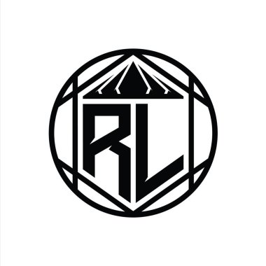 RL Harfi Logosu monogram altıgen dilimlenmiş taç diyez kalkan şekli soyut çember tasarım şablonu