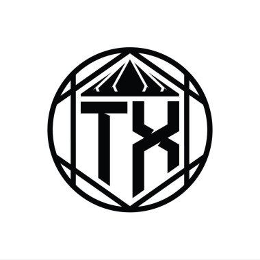 TX Harf Logosu monogram altıgen dilimlenmiş taç diyez kalkan şekli soyut çember tasarım şablonu