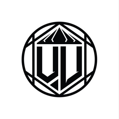 VU Harf Logosu monogram altıgen dilimlenmiş taç diyez kalkan şekli soyut çember tasarım şablonu
