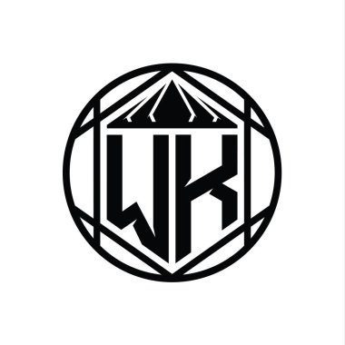 WK Harfi Logosu monogram altıgen dilimlenmiş taç diyez kalkan şekli soyut çember tasarım şablonu