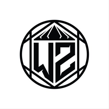 WZ Harf Logosu monogram altıgen dilimlenmiş taç diyez kalkan şekli soyut çember tasarım şablonu