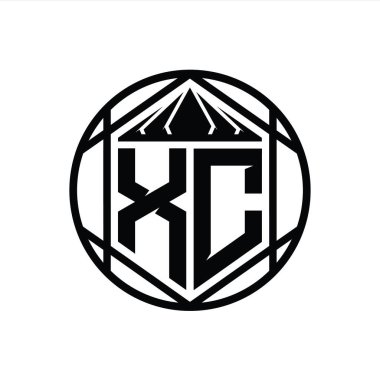 XC Harf Logosu monogram altıgen dilimlenmiş taç diyez kalkan şekli soyut çember tasarım şablonu