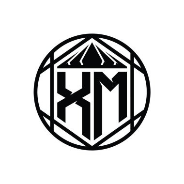 XM Harf Logosu monogram altıgen dilimlenmiş taç diyez kalkan şekli soyut çember tasarım şablonu