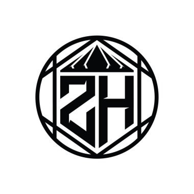 ZH Harf Logosu monogram altıgen dilimlenmiş taç diyez kalkan şekli izole edilmiş çember biçimi soyut biçim tasarım şablonu