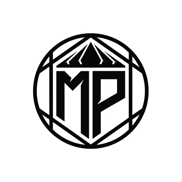 Mpレターロゴモノグラム六角形スライスクラウンシャープシールドシェイプ単離円抽象スタイルデザインテンプレート — ストック写真