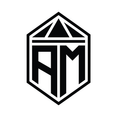 AM Letter Logo monogramı, üçgen izole edilmiş biçim şablonu ile basit altıgen kalkan şekli