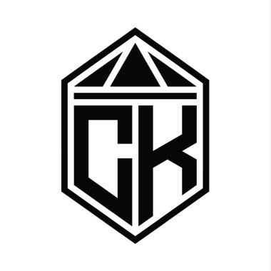 CK Harfi Logo monogramı. Üçgen izole edilmiş biçim şablonu ile basit altıgen kalkan şekli.