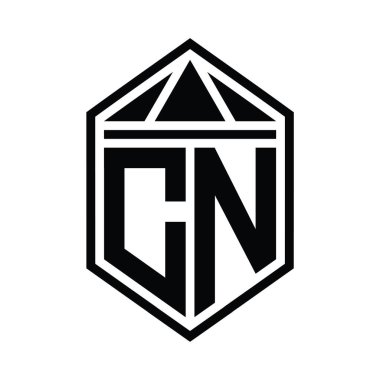 CN Letter Logo monogramı, üçgen izole edilmiş biçim şablonu ile basit altıgen kalkan şekli