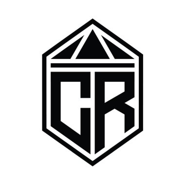 CR Letter Logo monogramı üçgen izole edilmiş stil şablonu ile basit altıgen kalkan şekli