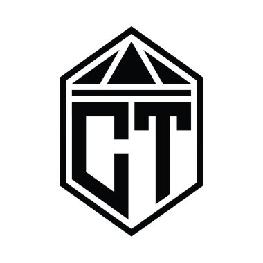 CT Harfi Logo monogramı. Üçgen izole edilmiş stil şablonu ile basit altıgen kalkan şekli.