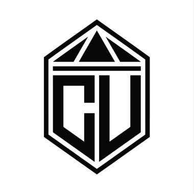 CU Harf Logosu basit altıgen kalkan şekli ve üçgen izole edilmiş stil tasarım şablonu