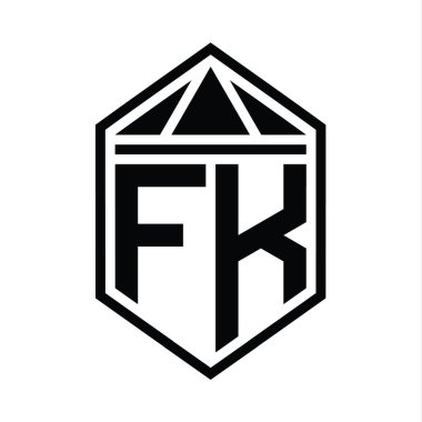 FK Letter Logo monogramı üçgen izole edilmiş stil şablonu ile basit altıgen kalkan şekli