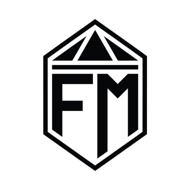 FM Harf Logosu basit altıgen kalkan şekli ve üçgen izole edilmiş stil tasarım şablonu