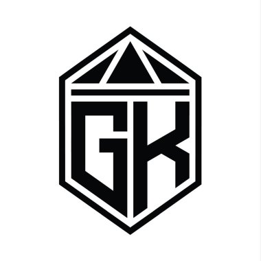 GK Letter Logo monogramı üçgen izole edilmiş biçim şablonu ile basit altıgen kalkan şekli