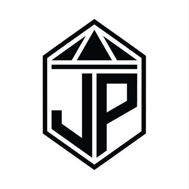 JP Harf Logosu basit altıgen kalkan şekli ve üçgen izole edilmiş stil tasarım şablonu