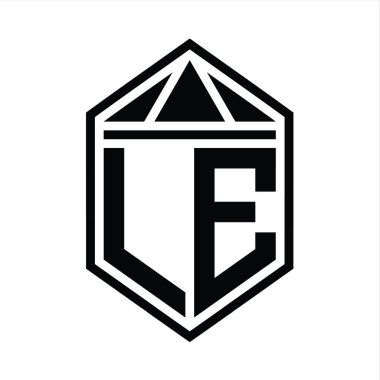 LE Harfi Logosu monogramı üçgen izole edilmiş biçim şablonu ile basit altıgen kalkan şekli